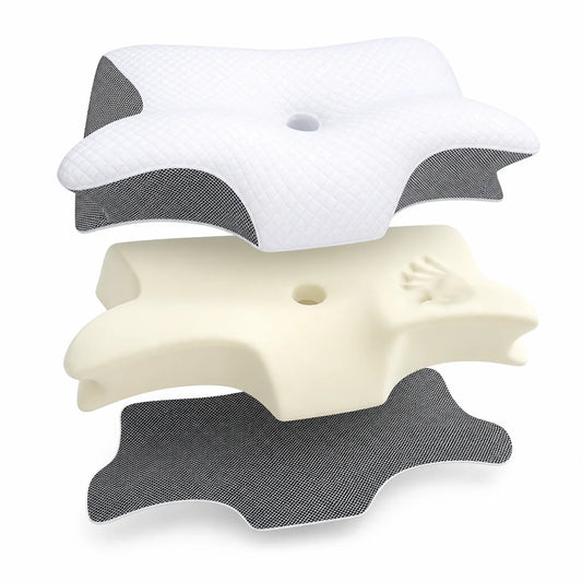 Edit the image to show an exploded isometric view of the oreiller: the white diamond-quilted cover,